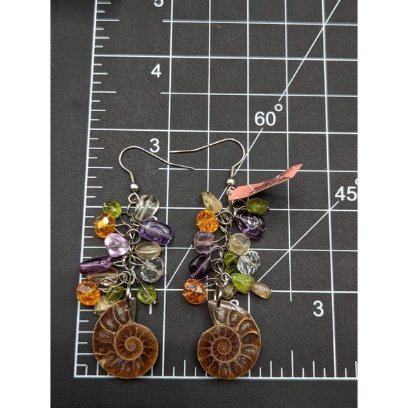 Ammonite Fossil Glass Gemstone Peridot Amethyst Bead Multicolor Cha Cha Earrings - Picture 3 of 7
